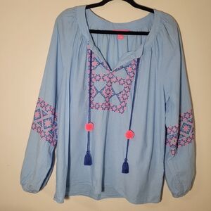 Lilly Pulitzer Blue Cecile Zanzibar Embroidered Long Sleeve Tunic Size XL